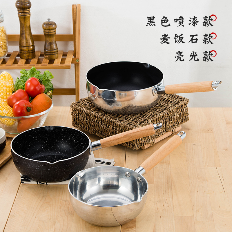 Wooden handle Japanese medical stone non-stick household auxiliary saucepan aluminum snow flat pot double bottom milk pot wholesale thumbnail