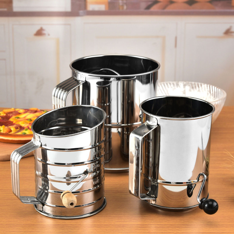 厂家现货不锈钢手摇式斜口粉筛 可可抹茶咖啡面粉筛烘焙厨房工具