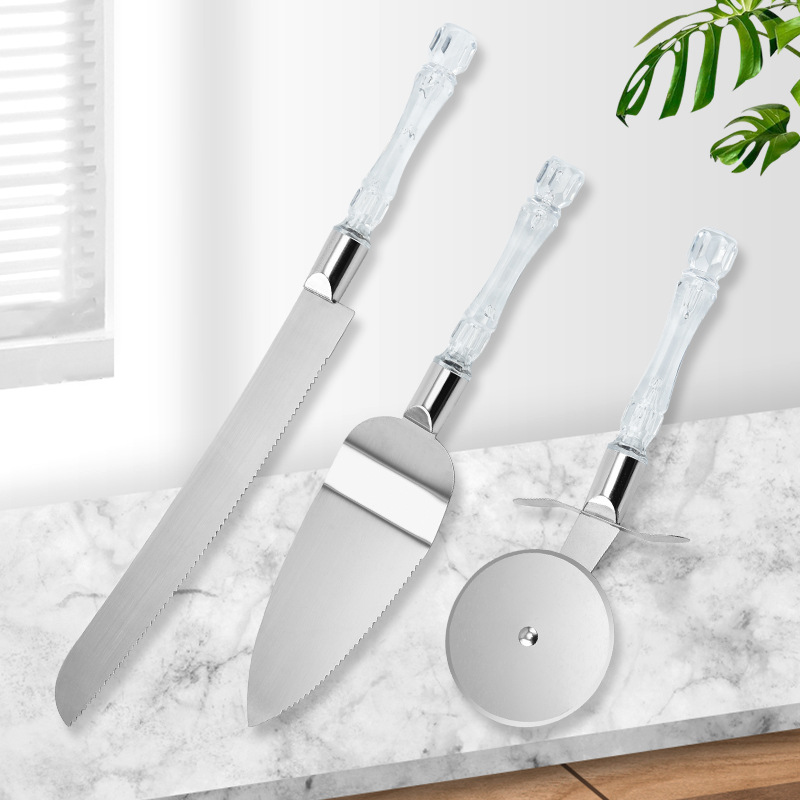 Stainless steel wooden handle cream cake spatula Pizza spatula 3-piece set of roller style pizza cutter hob baking tools