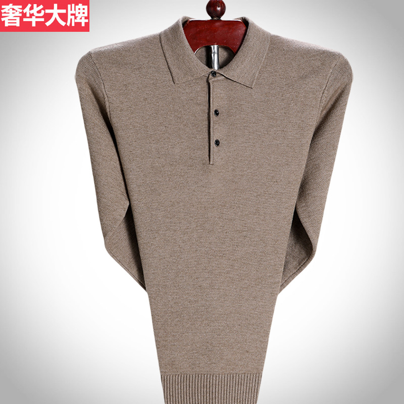 Winter new thickened cashmere sweater for middle-aged men, solid color lapel cashmere sweater in large size