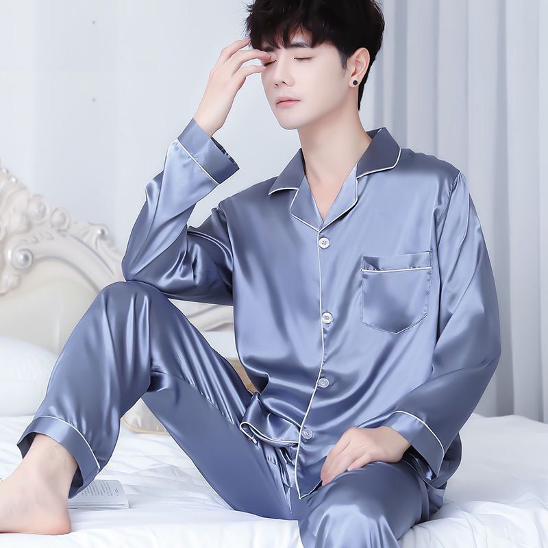 Men's summer ice silk thin long-sleeved and long pants set, summer silk can be worn outside, large-sized spring and autumn home wear