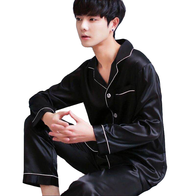 Men's summer ice silk thin long-sleeved and long pants set, summer silk can be worn outside, large-sized spring and autumn home wear Item Picture