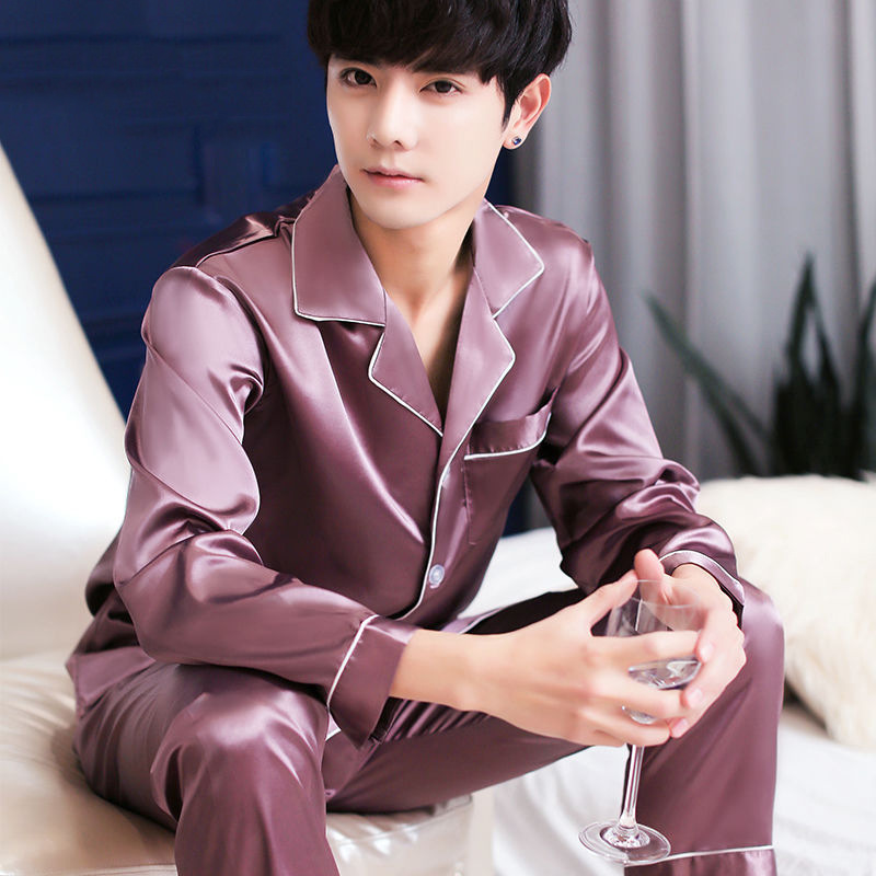 Men's summer ice silk thin long-sleeved and long pants set, summer silk can be worn outside, large-sized spring and autumn home wear details Picture