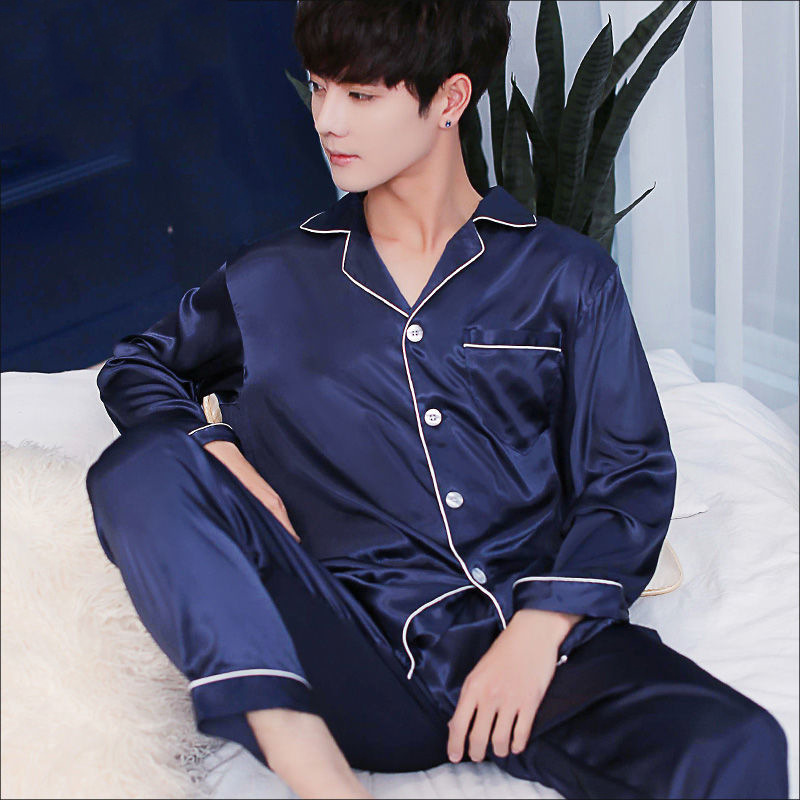 Men's summer ice silk thin long-sleeved and long pants set, summer silk can be worn outside, large-sized spring and autumn home wear Specification image