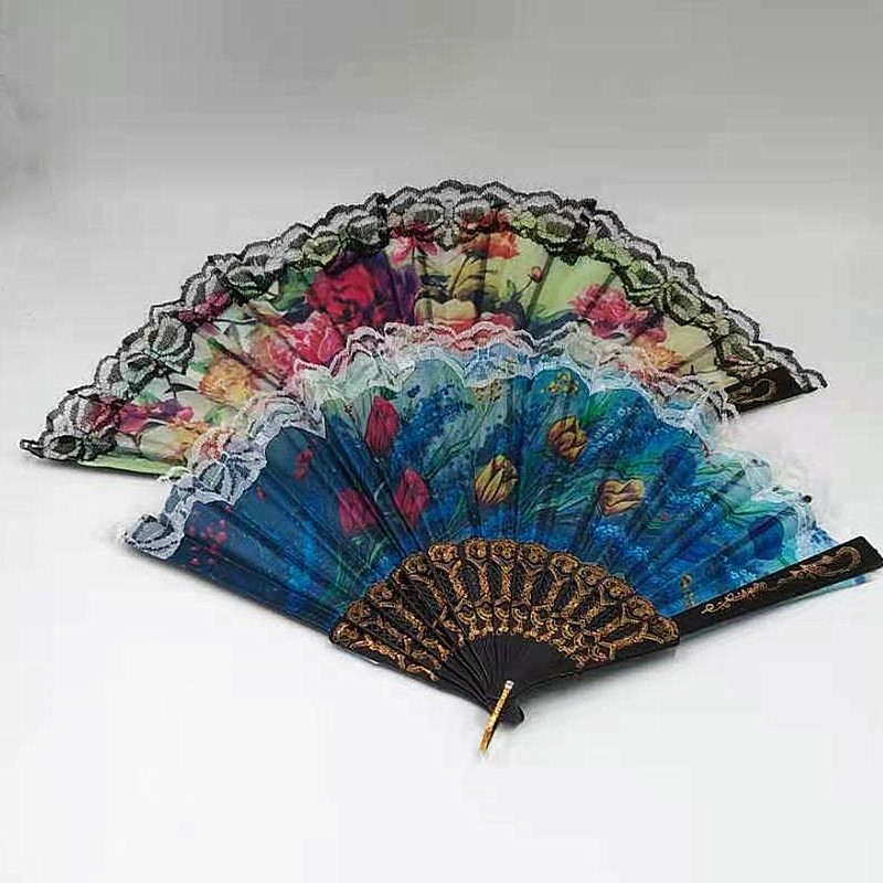 This trendy and fashionable lady fan is convenient to carry. It is made of lace printed silk fabric and is a high-end folding fan for dancing Item Picture
