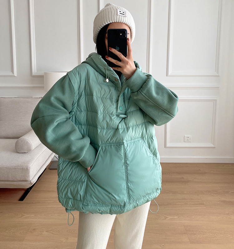 202 New color patchwork hoodie down jacket women's short style loose Korean version 90 white eiderdown jacket