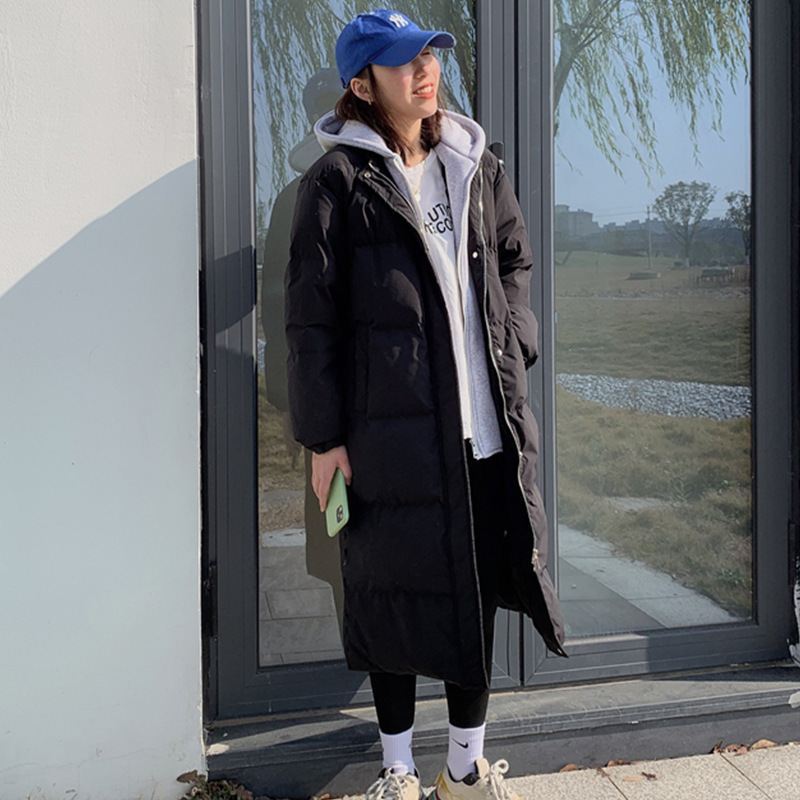 202 Winter new down jacket women's long Korean version loose hoodie false two knee-length hooded white eiderdown coats