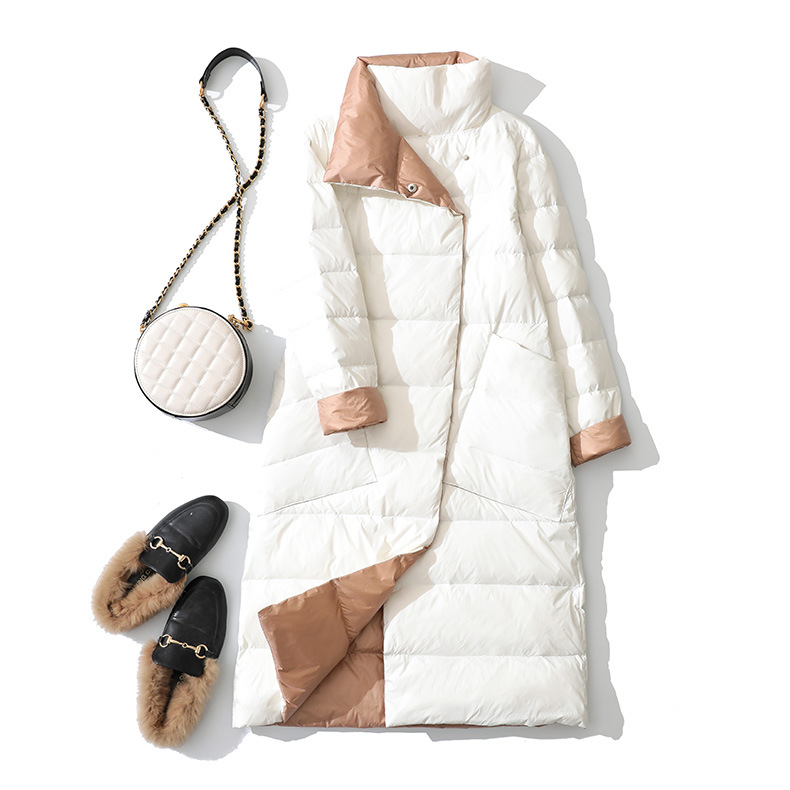 Wearing down jacket on both sides Women's medium length knee-length 202 new double-sided wear down jacket Korean version of white duck down