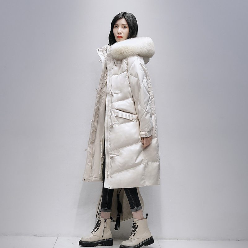 202 New fox fur collar hooded down coat Women's medium length over-the-knee white eiderdown coat