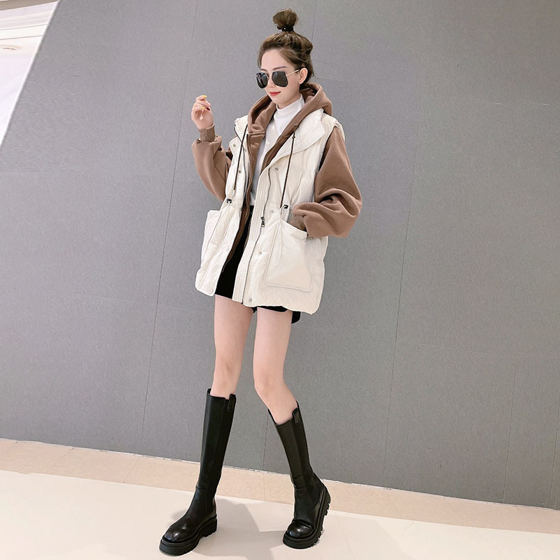 202 Autumn and winter new design sense hoodie casual splicing down jacket waist show thin false two coats