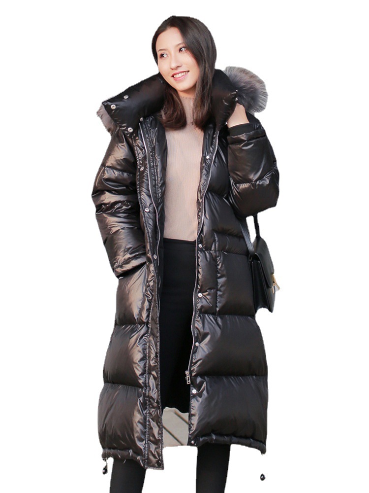 Winter black thick thick fur collar medium length down jacket for women Korean temperament zipper white eiderdown jacket