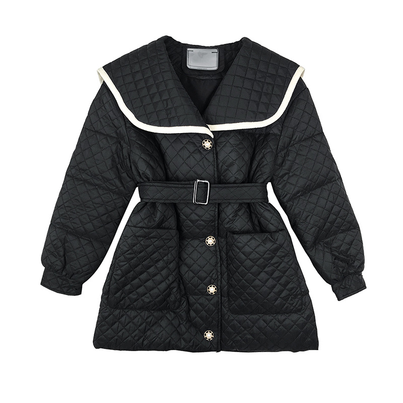 202 Winter Korean version lapel strap waist slimming down jacket with rhomb bread ladies casual coat