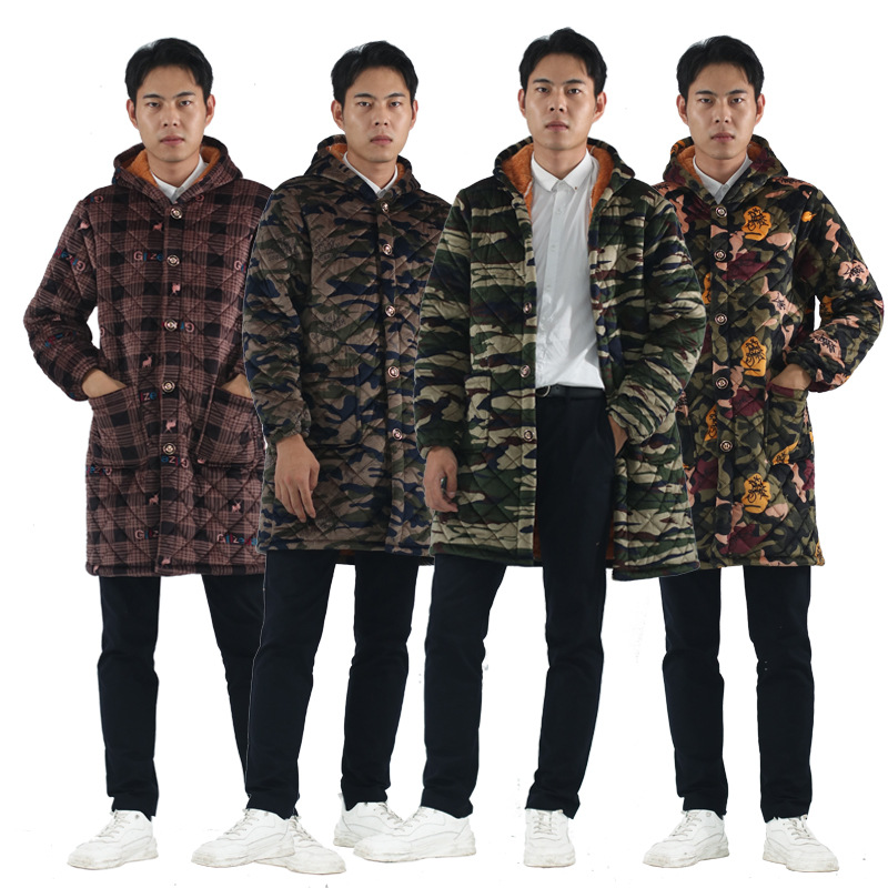 Men's winter smock, warm and stain-resistant, Korean version adult men's long, thickened, extended and fleece apron, large-sized coat