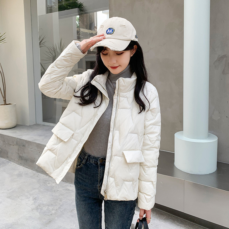 Winter new literary leisure 202 ladies standing collar down jacket loose thin warm pure color short coat