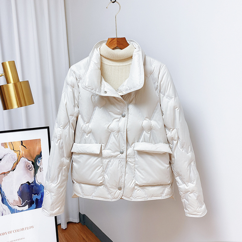 Winter new lightweight down jacket women's short standing collar single breasted white eiderdown pocket pressed thin coat