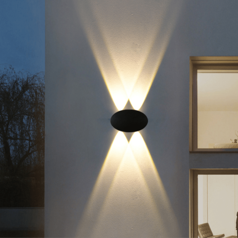 LED elliptical double-head outdoor wall lamp, waterproof exterior wall, simple and creative balcony, outdoor garden, courtyard, store entrance Application Scenario