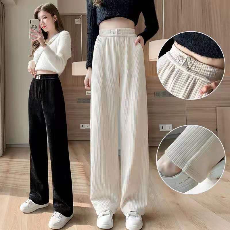 Corduroy pants women Spring new warm loose high waist slim straight tube everything Chenille wide legs added cashmere pants