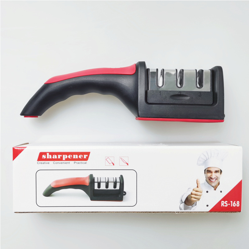New red and black kitchen household whetstone double ceramic tungsten steel manual three section knife sharpener gift sharpener thumbnail