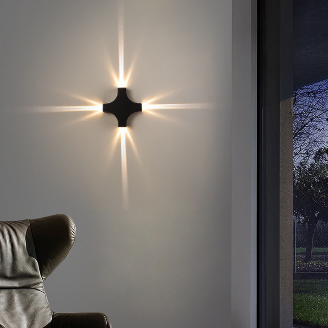 LED single-beam light, four-sided illuminated, cross-shaped starlight, exterior wall decorative light, wall lamp, hotel corridor, courtyard, outdoor waterproof details Picture