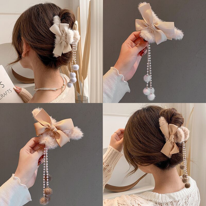 Plush bow hair clip Women Korean style pan hair clip Large autumn/winter shark hair clip hair ball tassel hair clip hair accessories