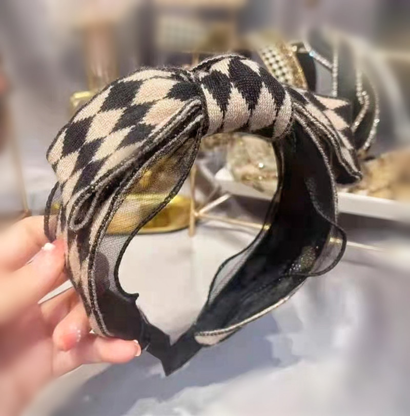 Douyin boom style fashion wool bow hair hoop women thousand birds grid high flash diamond hair clip out temperament headband