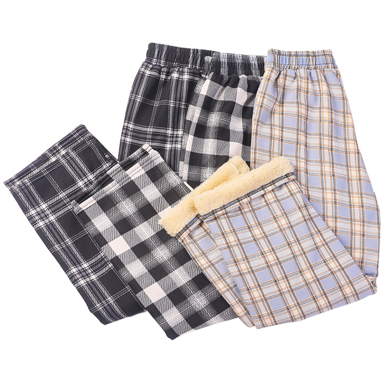 Lamb fleece checkered pants Women's 2021 autumn/winter new high-waisted, slimming, draping, straight-leg casual wide-leg floor-length women's trousers Item Picture