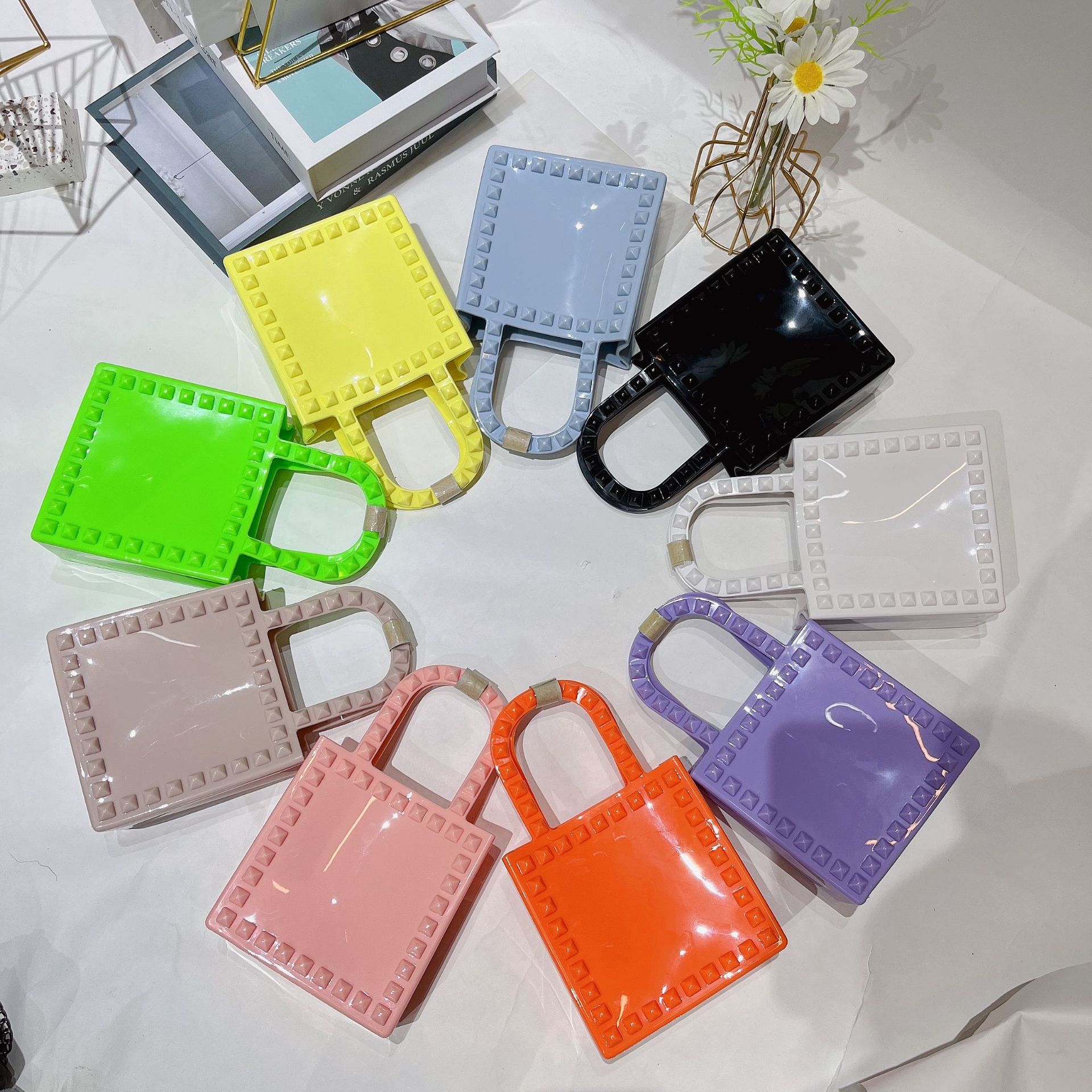 2021 Autumn/Winter cross-border new products: PVC jelly women's Bag, mini fashionable rivet square bag, single-shoulder crossbody wrist bag details Picture