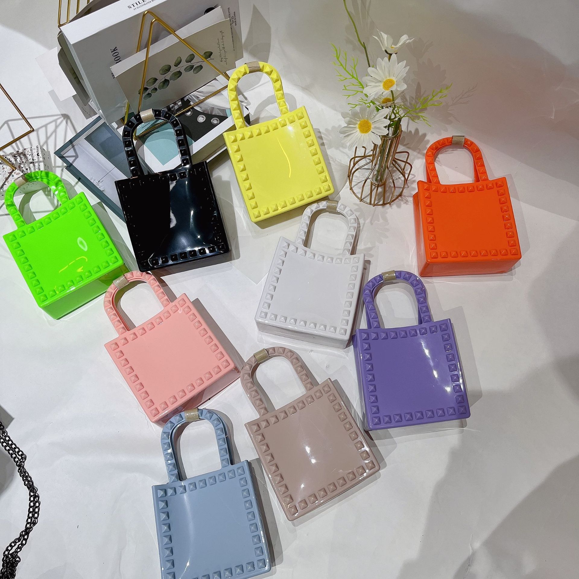 2021 Autumn/Winter cross-border new products: PVC jelly women's Bag, mini fashionable rivet square bag, single-shoulder crossbody wrist bag