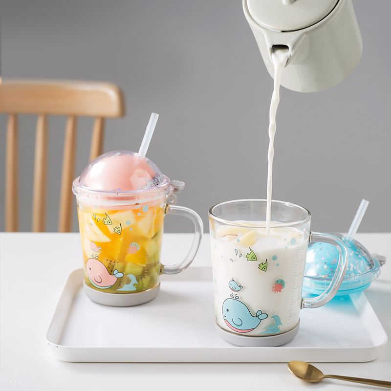 Single layer printed glass with handle Cartoon glass with straw glass INS Breakfast milk glass with lid