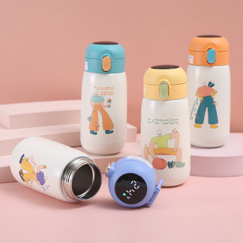 Intelligent children potbelly cup creative temperature-showing stainless steel bouncing lid cartoon thermos cup Students advertising gift water cup