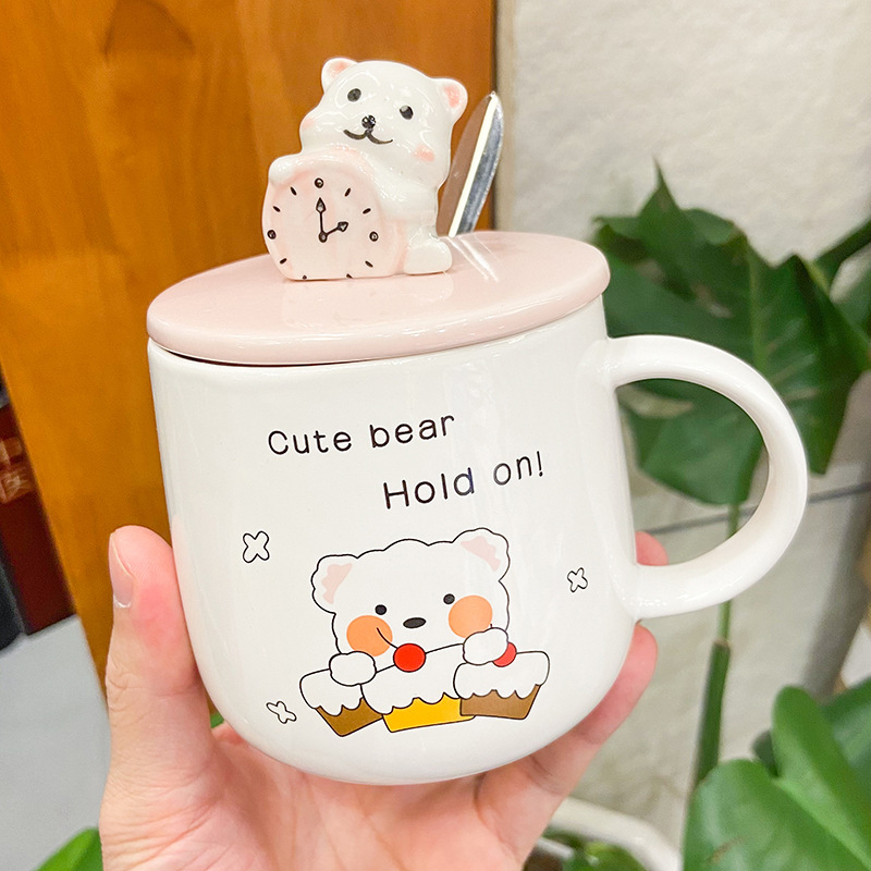 Korean cartoon cute personality hand-painted bear ceramic mug with lid scoop mug activity small gift mug