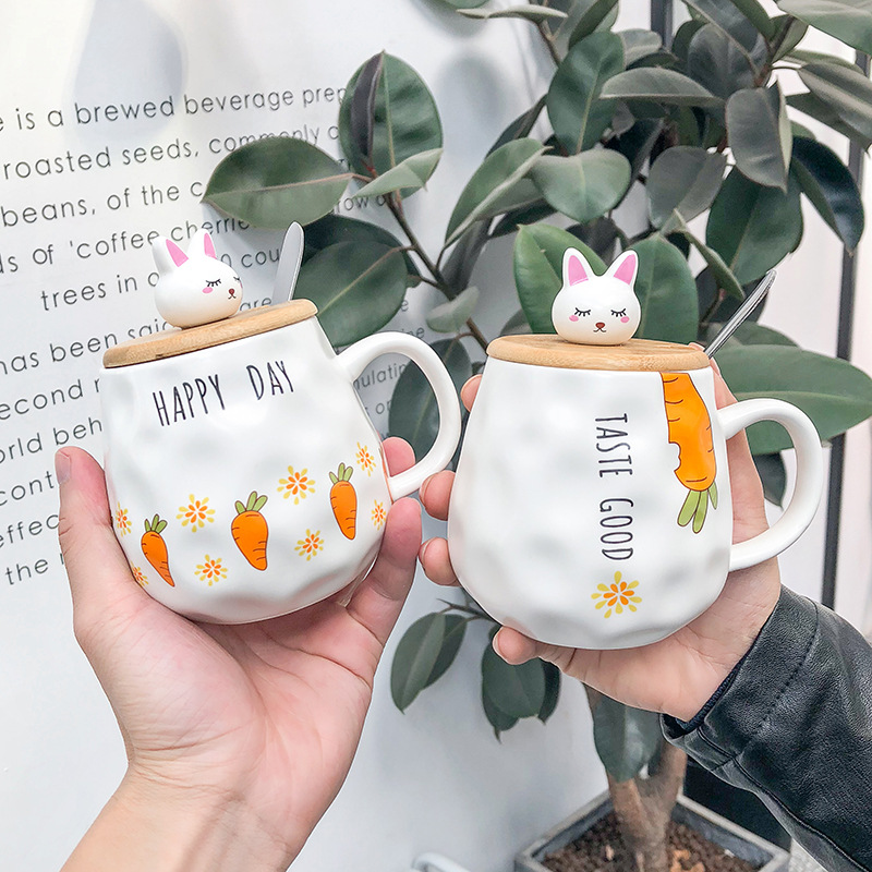 Cartoon Radish Rabbit ceramic mug with lid with spoon Instagram cute coffee office mug breakfast mug