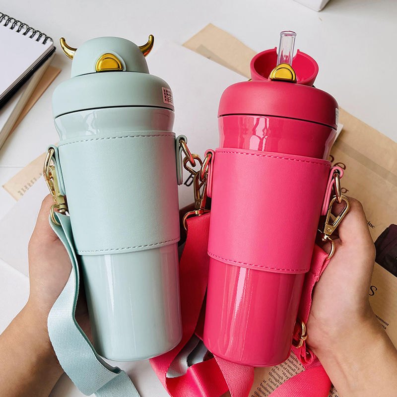 Thermos cup Lady high appearance level girl student cup with straw portable devil with cute water cup