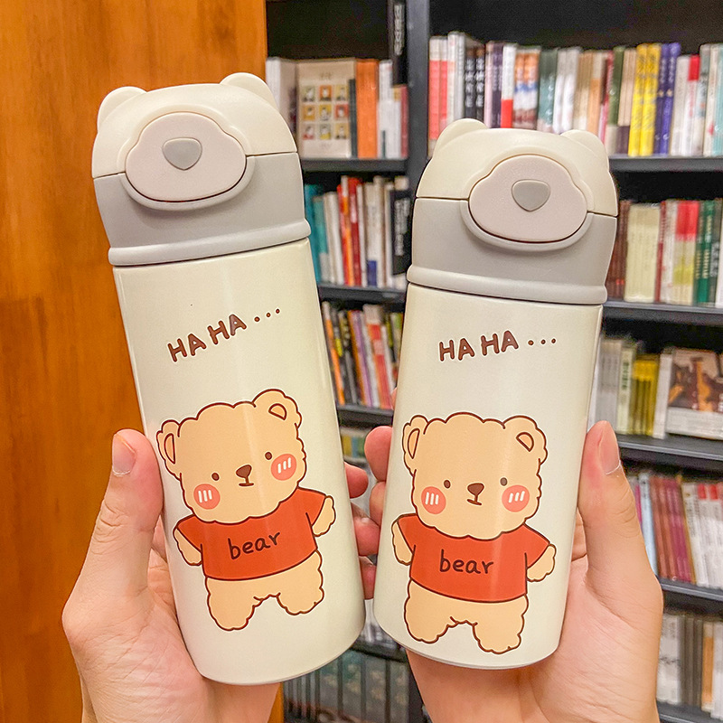 Insta-style cartoon cute bear thermos cup creative personality student couple straw cup household children's cups