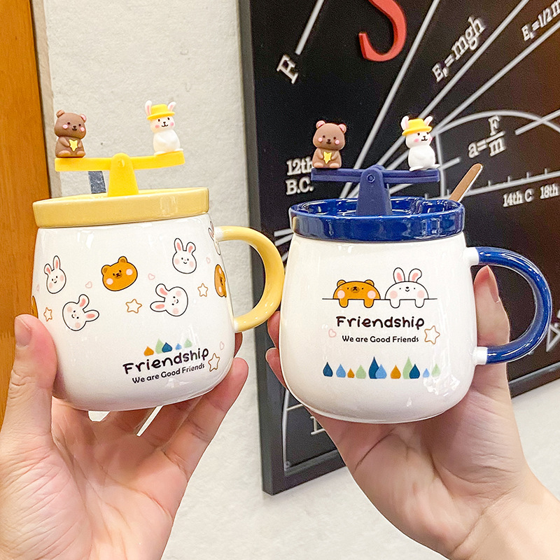Cute girl cartoon Bearbunny ceramic cup Creative fun seesaw mug Breakfast students cartoon water mug