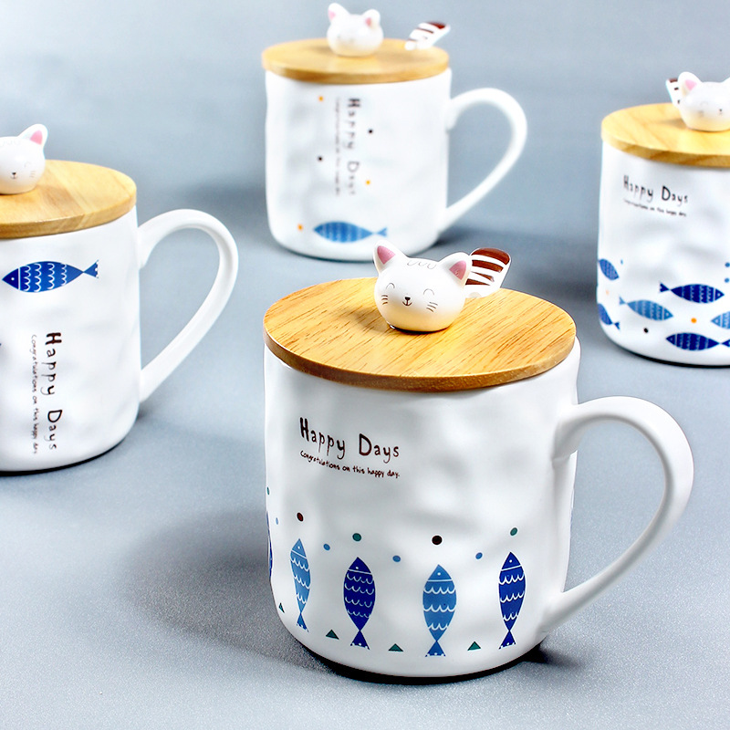 Japanese home creative cat and fish coffee mug children cartoon breakfast milk mug with lid