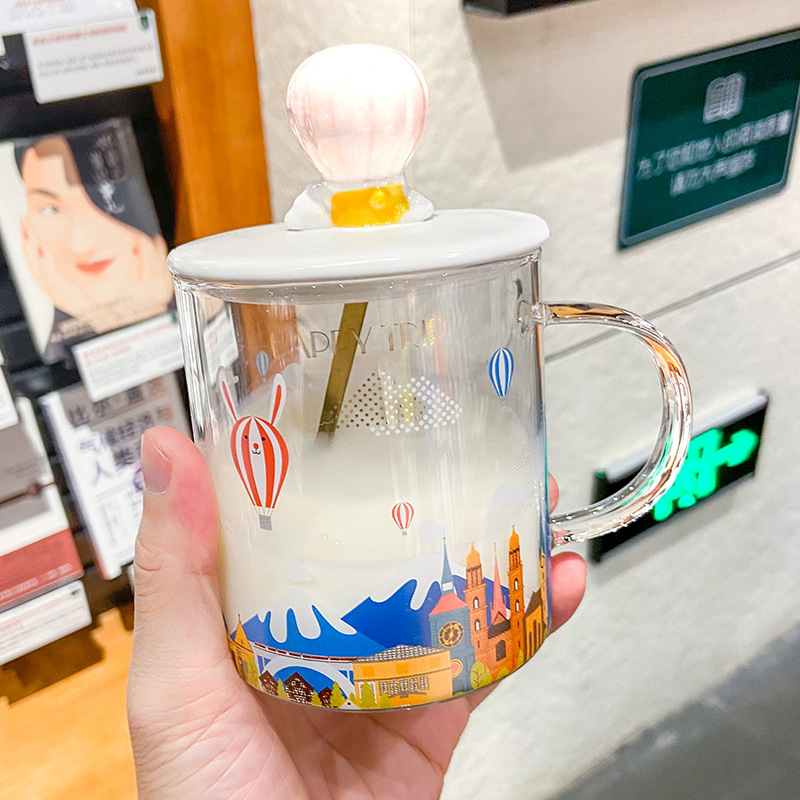 Transparent hand-painted balloon Castle glasses Girls and boys breakfast mugs creative with LIDS of milk