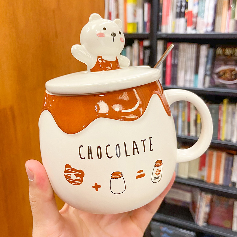 2021 Summer creative Bear mugs with ladles on top cute cartoon ceramic mugs for home use