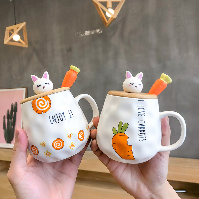 Instagram cartoon radish rabbit wooden cap ceramic mug lady cute with spoon water mug mug home student couple mug