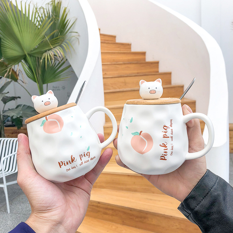 Cute cartoon wooden cover piglet frosted potbelly ceramic mug Creative mug business office mug students
