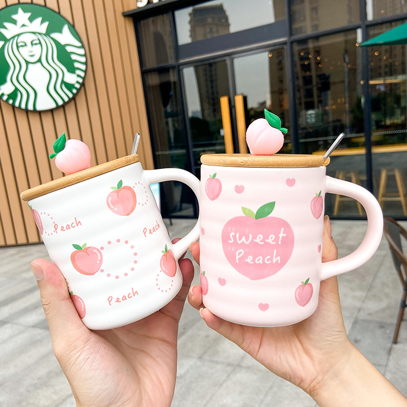 Korean peach pink ceramic mug with lid and spoon Frosted mug Business office tea coffee mug