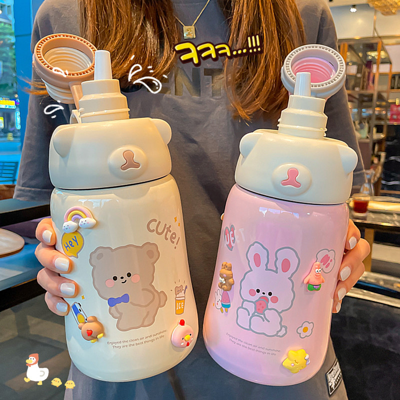 Cartoon 304 Thermos cup Kids Hug Bear Straw stainless steel water cup Student kettle large capacity anti-drop cup