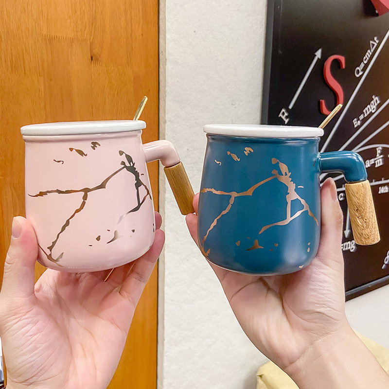 Ins Nordic style wooden handle top grade ceramic mug Marbled business office coffee mug men's water mug
