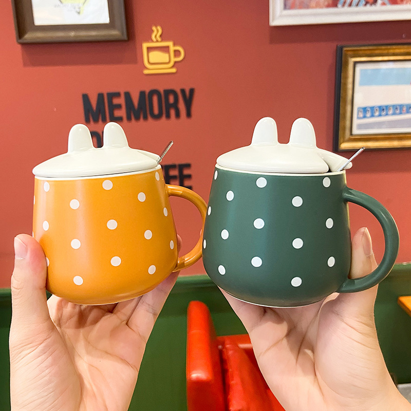 Korean simple wave dot mug business office lovers coffee cup with lid spoon personality small fresh ceramic cup