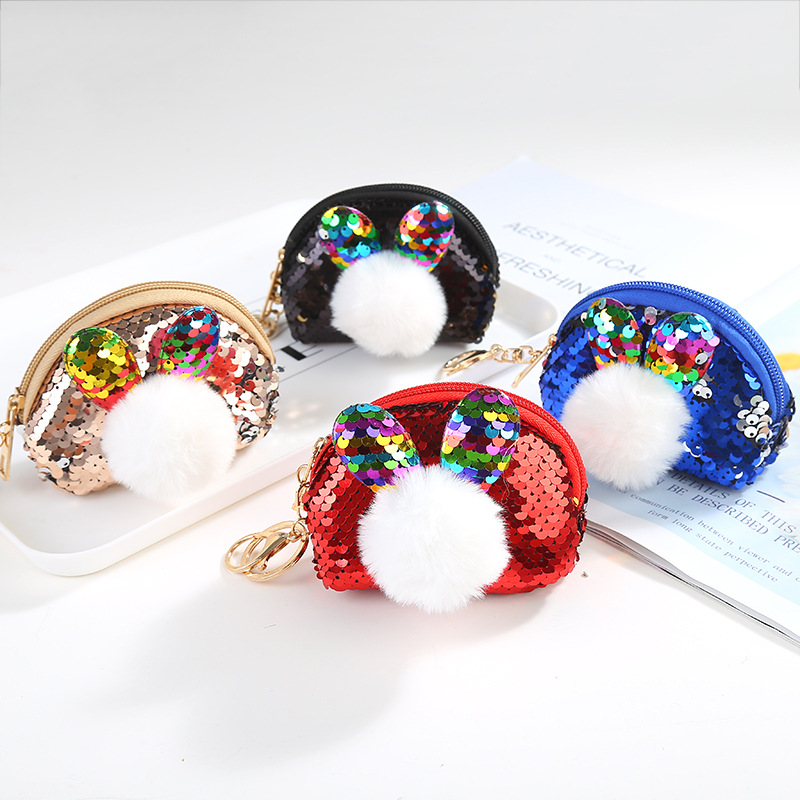 Korean version of cute sequin hairball coin purse Cartoon ladies small purse party coin key storage bag batch