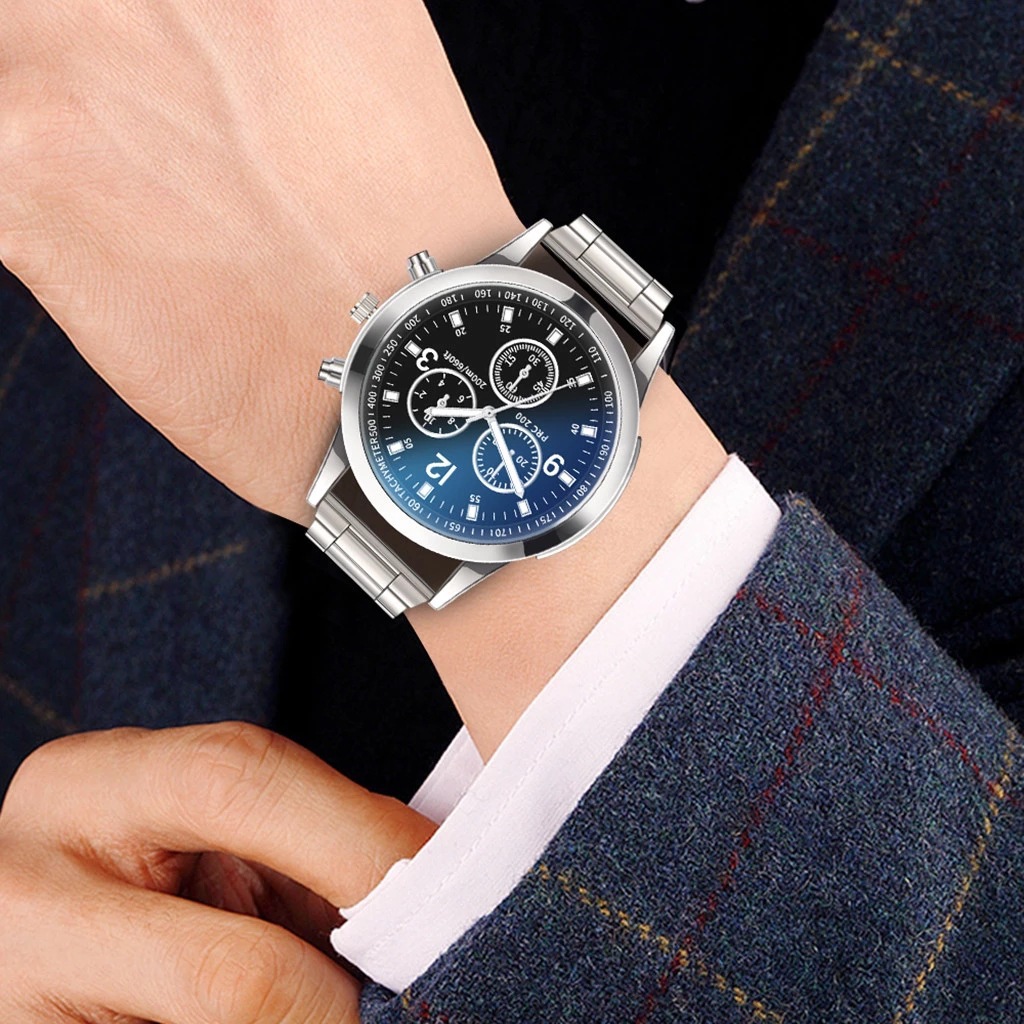 Blu-ray glass three-eye steel band watch men's watch gifts men's watch wholesale