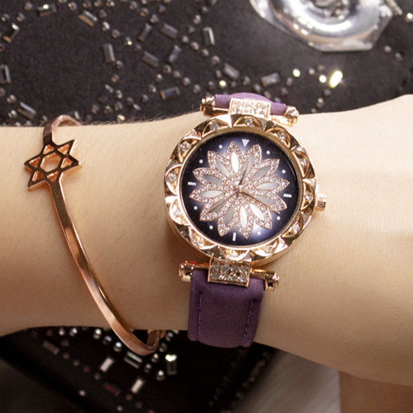 Women's watch, diamond encrusted, quartz watch, sanded leather watch strap