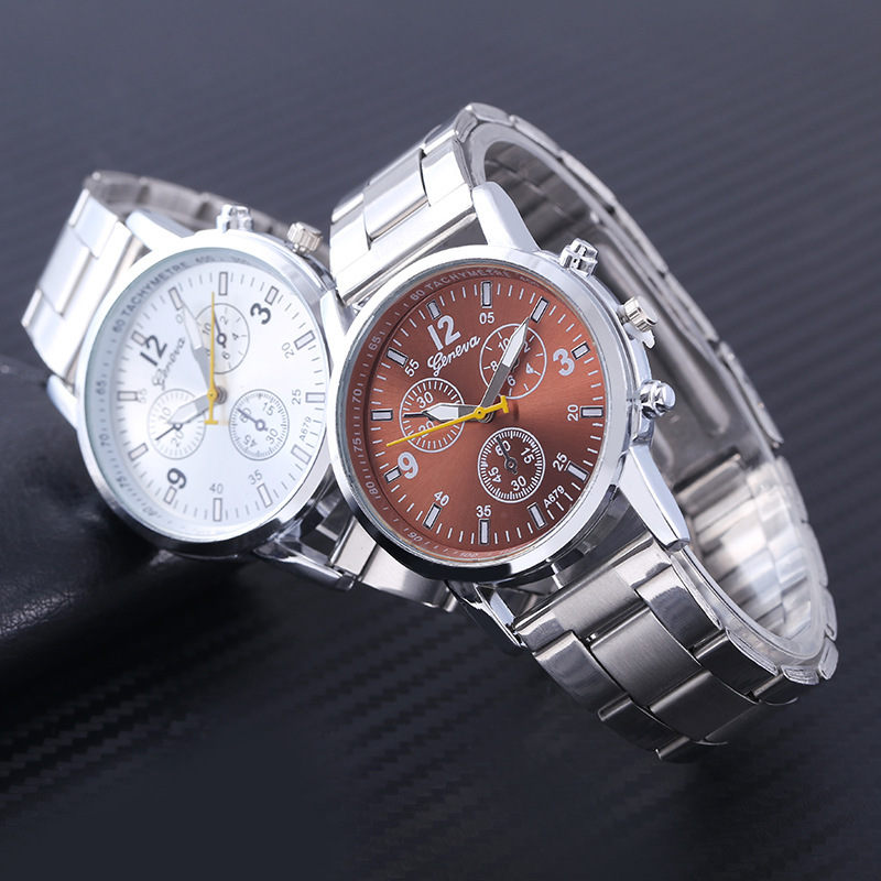 Geneva three eyes six needle steel band watches neutral couples fashion casual men's watch women's watch