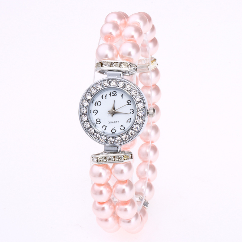 Round diamond-studded exquisitely decorated small dial Casual watch Ladies glass pearl string watch chain quartz watch