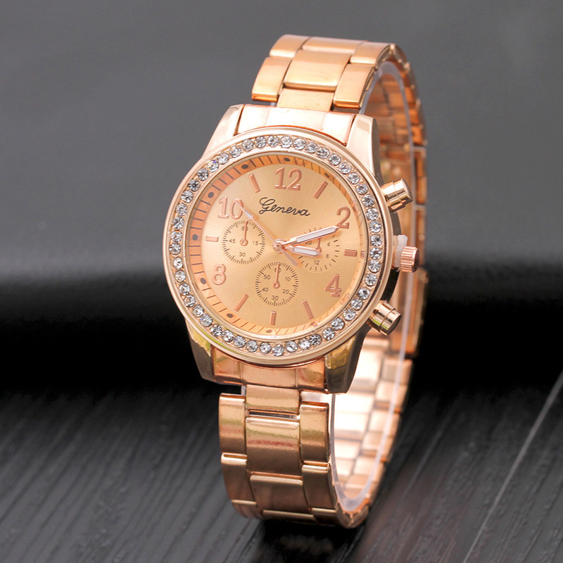 Geneva three eyes set with diamond steel band watch women's alloy quartz watch fashion watch